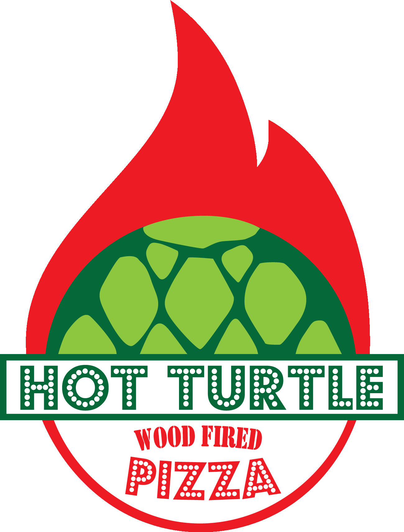 Red Flame surrounding green turtle shell, HOT TURTLE WOOD FIRED PIZZA 